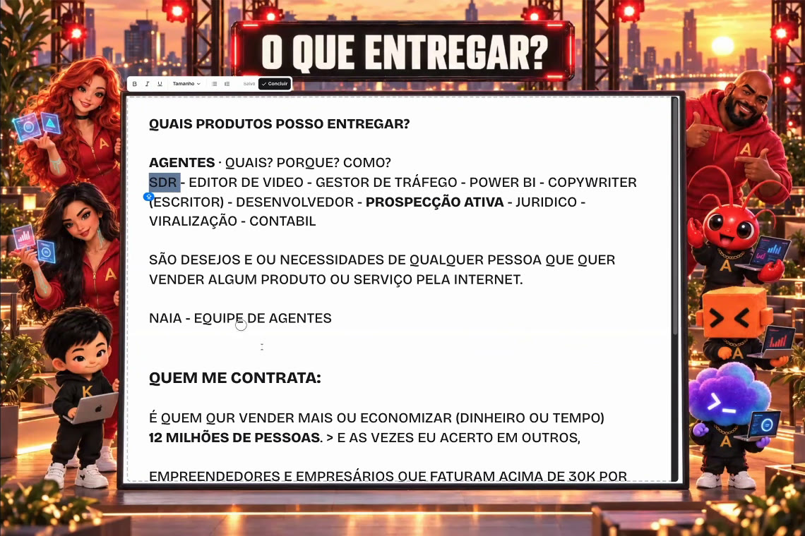 Slide da call: lista de agentes que dá pra entregar e o início de quem contrata