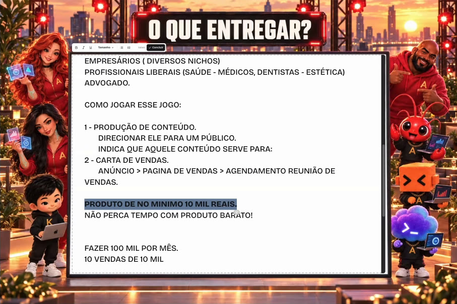 Slide da call: como jogar esse jogo, produção de conteúdo, carta de vendas e produto de no mínimo 10 mil reais
