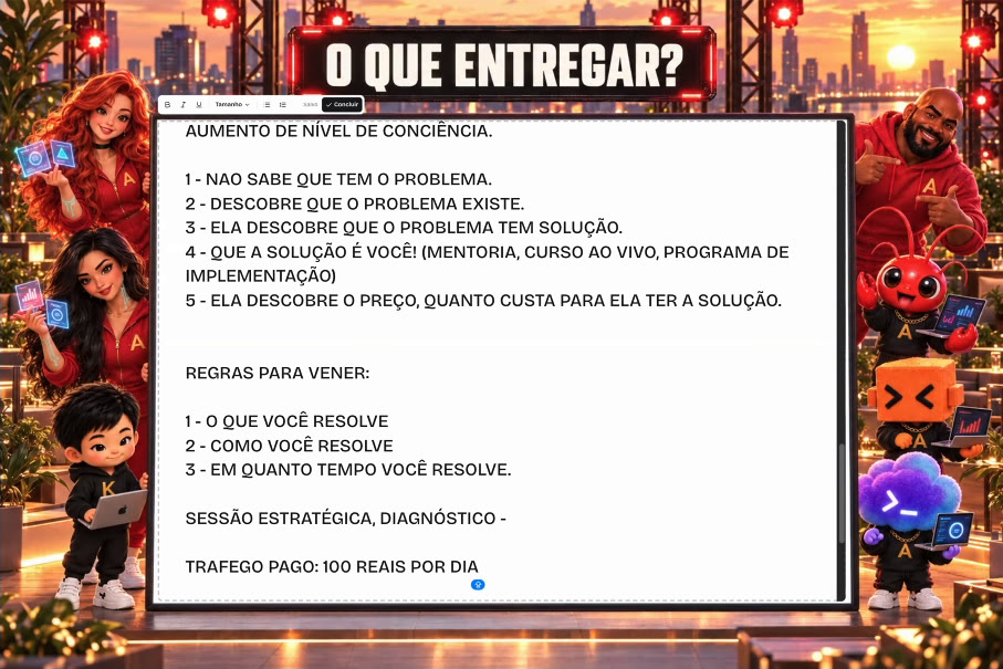 Slide da call: níveis de consciência, regras para vender, sessão estratégica e tráfego de 100 reais por dia