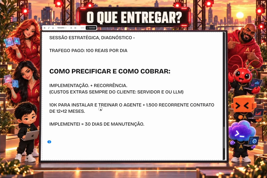Slide da call: implementação mais recorrência, custos extras do cliente e 10 mil mais 1.500 recorrente