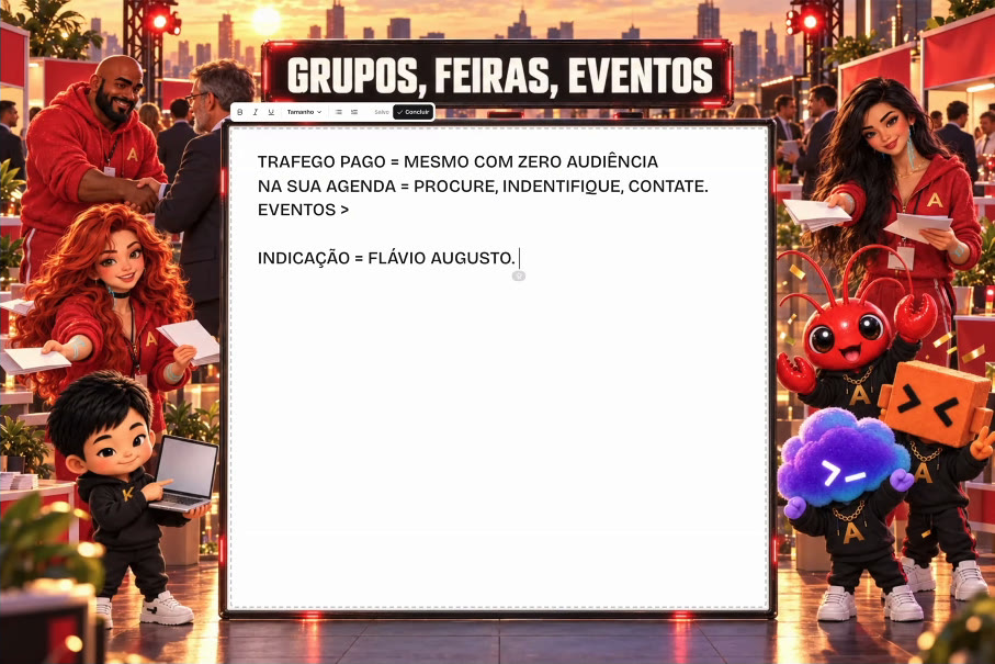 Slide da call: tráfego pago, agenda, eventos e indicação