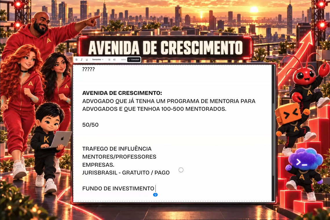 Slide da call: avenida de crescimento, mentor de advogados 50/50, tráfego de influência, empresas e fundo de investimento