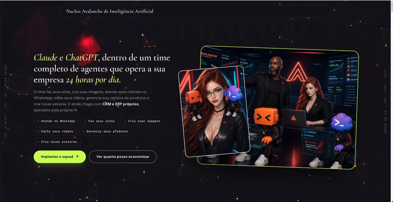 Primeira dobra da página bio.denderson.ai: Claude e ChatGPT dentro de um time completo de agentes